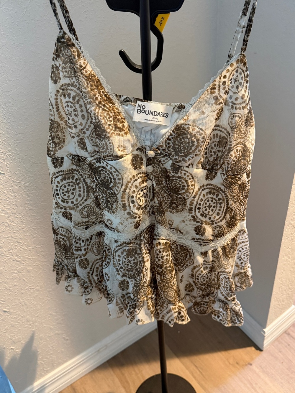 No Boundaries Cream and Brown Printed Ruffle-Hem Cami